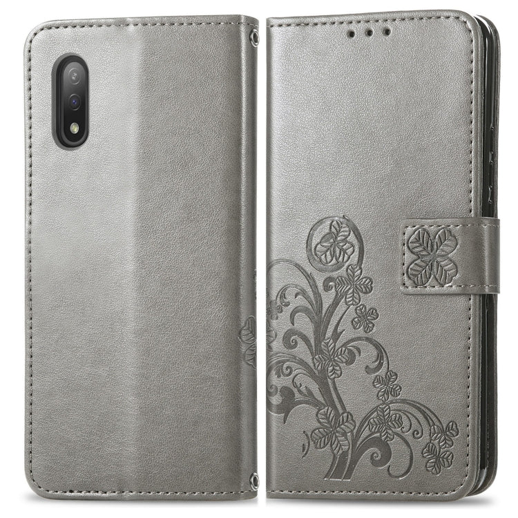 For Sony Xperia Ace II Four-leaf Clasp Embossed Buckle Mobile Phone Protection Leather Case with Lanyard & Card Slot & Wallet & Bracket Function