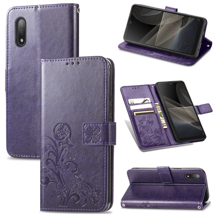 For Sony Xperia Ace II Four-leaf Clasp Embossed Buckle Mobile Phone Protection Leather Case with Lanyard & Card Slot & Wallet & Bracket Function