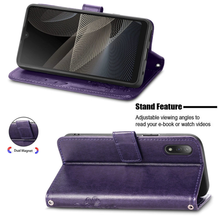 For Sony Xperia Ace II Four-leaf Clasp Embossed Buckle Mobile Phone Protection Leather Case with Lanyard & Card Slot & Wallet & Bracket Function