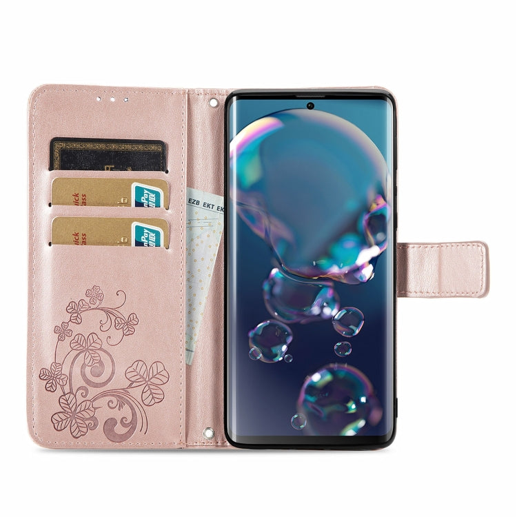 For Sharp R6 Four-leaf Clasp Embossed Buckle Mobile Phone Protection Leather Case with Lanyard & Card Slot & Wallet & Bracket Function