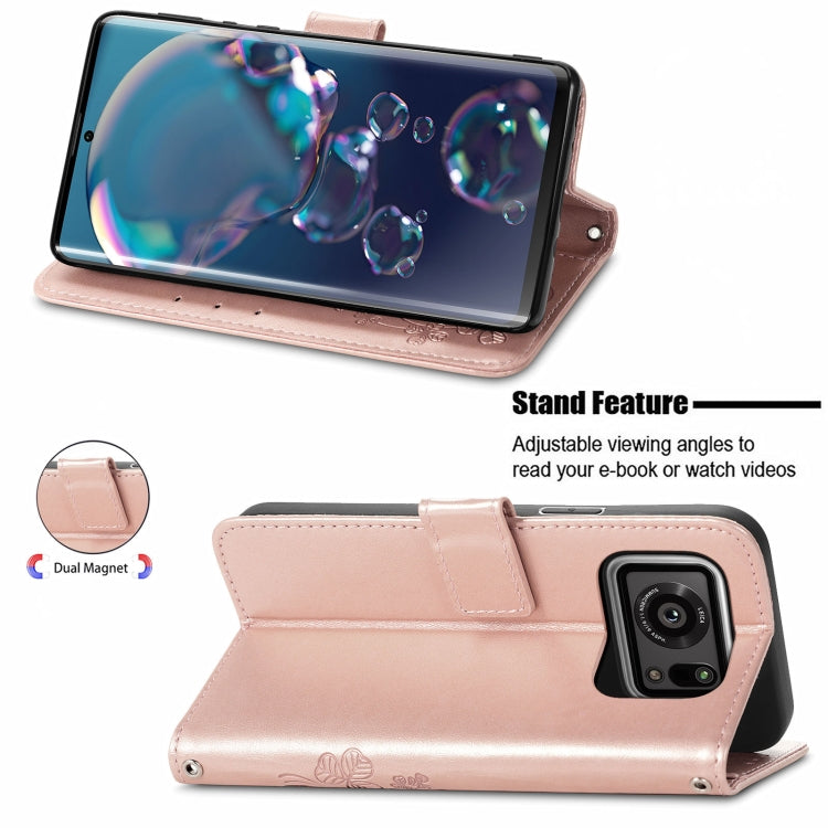 For Sharp R6 Four-leaf Clasp Embossed Buckle Mobile Phone Protection Leather Case with Lanyard & Card Slot & Wallet & Bracket Function