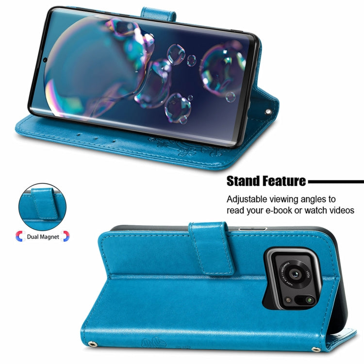 For Sharp R6 Four-leaf Clasp Embossed Buckle Mobile Phone Protection Leather Case with Lanyard & Card Slot & Wallet & Bracket Function