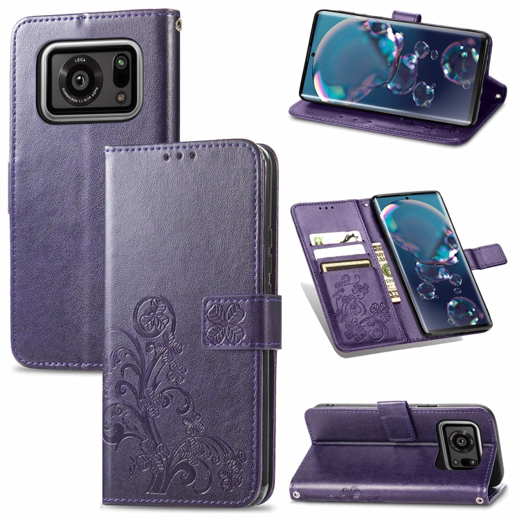 For Sharp R6 Four-leaf Clasp Embossed Buckle Mobile Phone Protection Leather Case with Lanyard & Card Slot & Wallet & Bracket Function