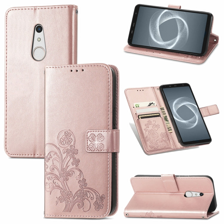 For FUJITSU F-41B Four-leaf Clasp Embossed Buckle Mobile Phone Protection Leather Case with Lanyard & Card Slot & Wallet & Bracket Function