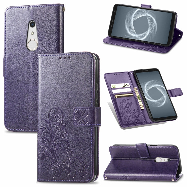 For FUJITSU F-41B Four-leaf Clasp Embossed Buckle Mobile Phone Protection Leather Case with Lanyard & Card Slot & Wallet & Bracket Function