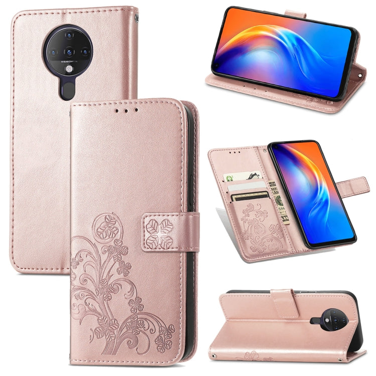For Tecno Spark 6 Four-leaf Clasp Embossed Buckle Mobile Phone Protection Leather Case with Lanyard & Card Slot & Wallet & Bracket Function