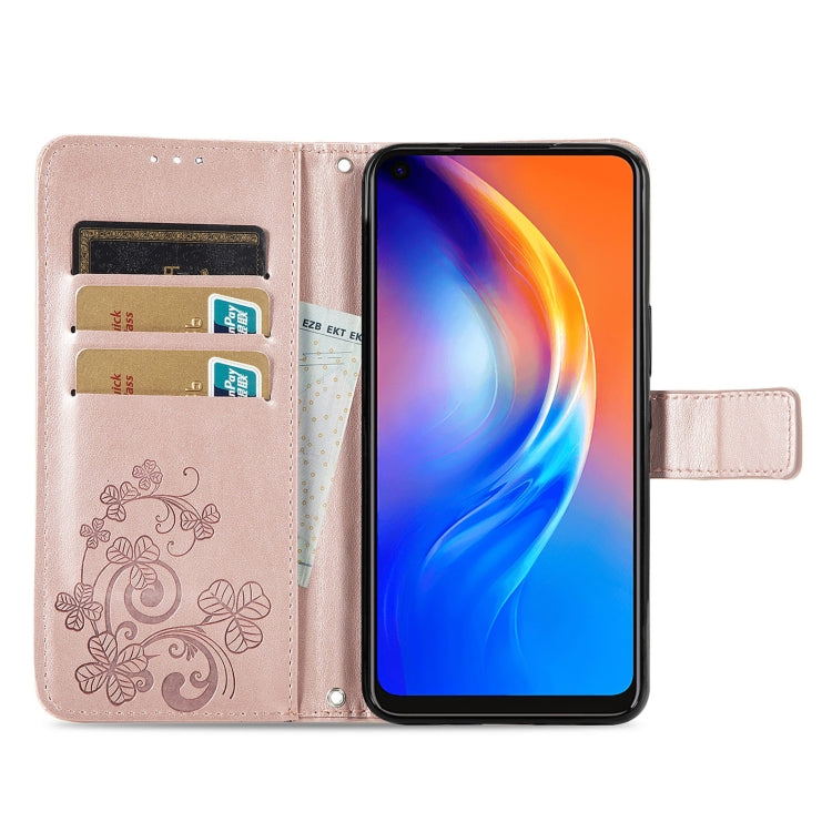 For Tecno Spark 6 Four-leaf Clasp Embossed Buckle Mobile Phone Protection Leather Case with Lanyard & Card Slot & Wallet & Bracket Function