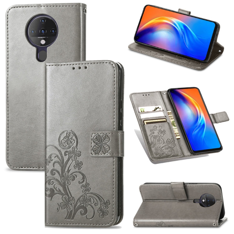 For Tecno Spark 6 Four-leaf Clasp Embossed Buckle Mobile Phone Protection Leather Case with Lanyard & Card Slot & Wallet & Bracket Function