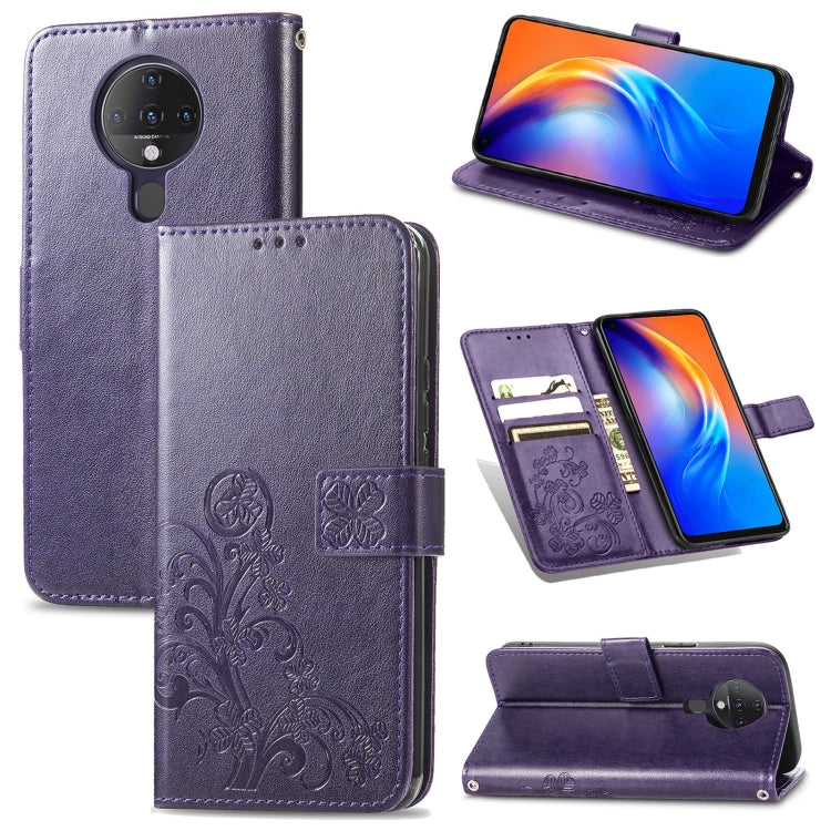 For Tecno Spark 6 Four-leaf Clasp Embossed Buckle Mobile Phone Protection Leather Case with Lanyard & Card Slot & Wallet & Bracket Function
