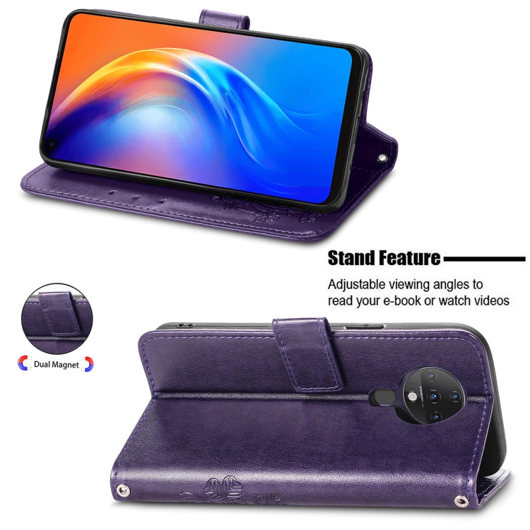 For Tecno Spark 6 Four-leaf Clasp Embossed Buckle Mobile Phone Protection Leather Case with Lanyard & Card Slot & Wallet & Bracket Function