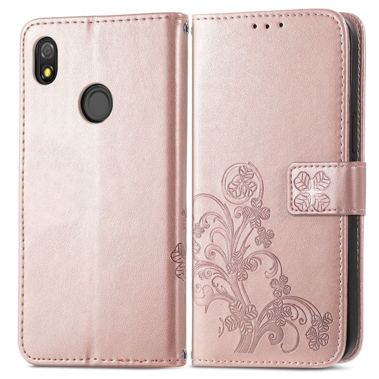 For Tecno Pop 3 Four-leaf Clasp Embossed Buckle Mobile Phone Protection Leather Case with Lanyard & Card Slot & Wallet & Bracket Function