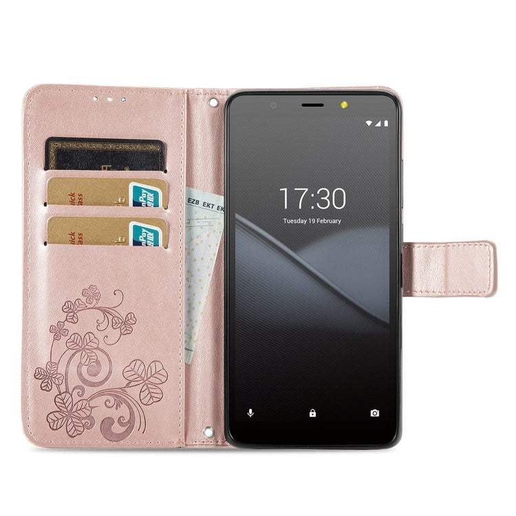 For Tecno Pop 3 Four-leaf Clasp Embossed Buckle Mobile Phone Protection Leather Case with Lanyard & Card Slot & Wallet & Bracket Function