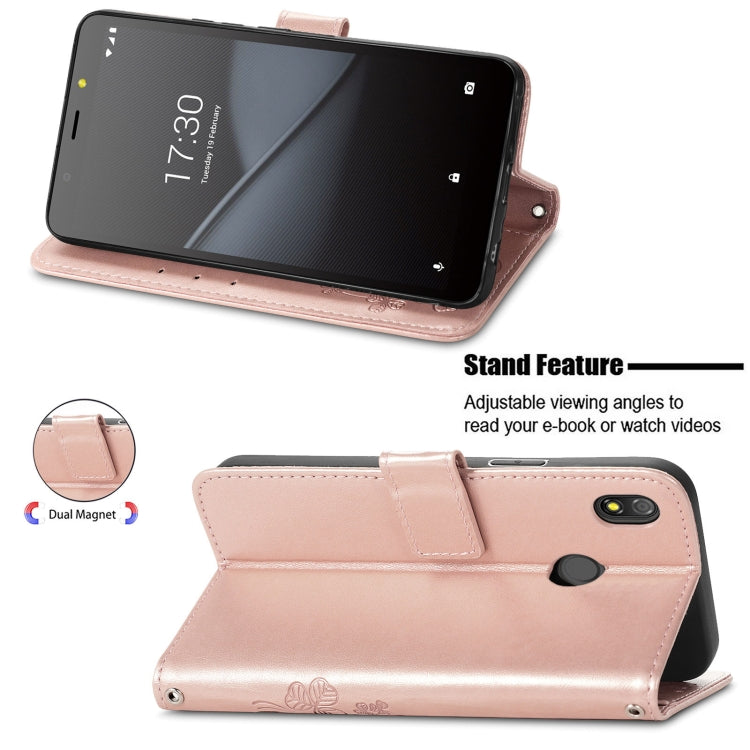 For Tecno Pop 3 Four-leaf Clasp Embossed Buckle Mobile Phone Protection Leather Case with Lanyard & Card Slot & Wallet & Bracket Function