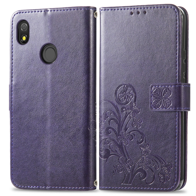 For Tecno Pop 3 Four-leaf Clasp Embossed Buckle Mobile Phone Protection Leather Case with Lanyard & Card Slot & Wallet & Bracket Function