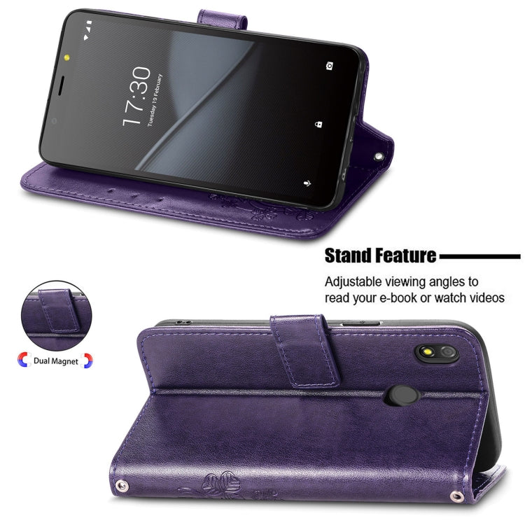 For Tecno Pop 3 Four-leaf Clasp Embossed Buckle Mobile Phone Protection Leather Case with Lanyard & Card Slot & Wallet & Bracket Function