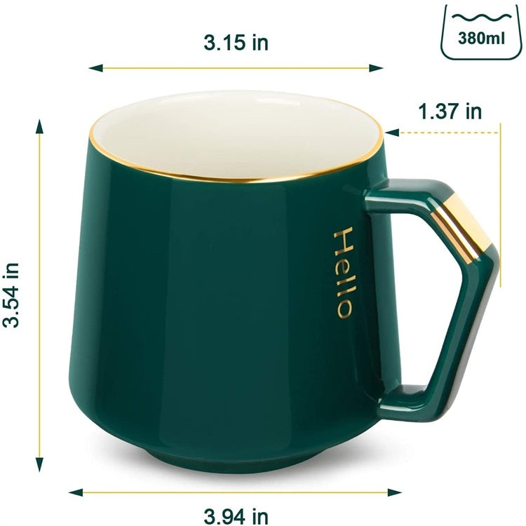 Ceramic Green Mugs Coffee Mug with Lid Coffee Cup + Stainless Steel Spoon, 12oz/380ml Tea Mug