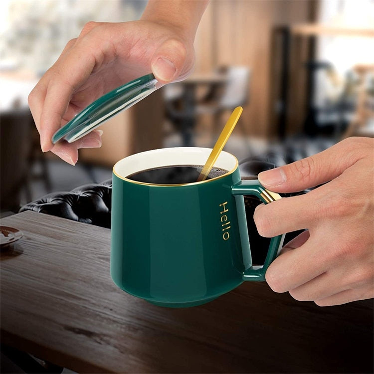 Ceramic Green Mugs Coffee Mug with Lid Coffee Cup + Stainless Steel Spoon, 12oz/380ml Tea Mug