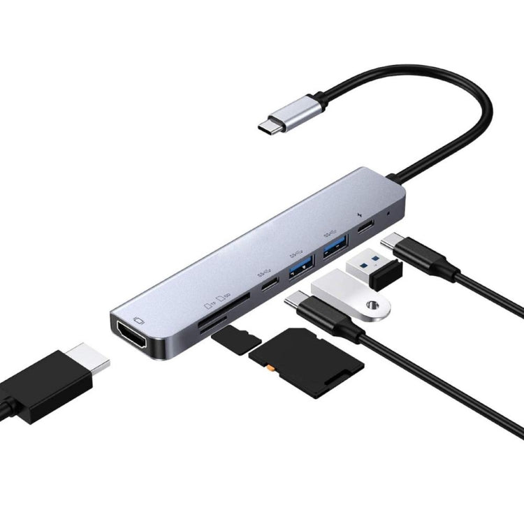 7 in 1 Type-C to HDMI + SD/TF + 2 x Type-C + 2 x USB3.0 Multi-function Splitter Adapter