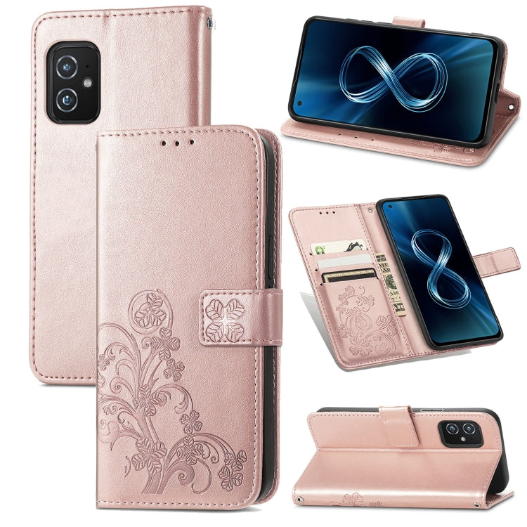 For Asus Zenfone 8 ZS590KS Four-leaf Clasp Embossed Buckle Mobile Phone Protection Leather Case with Lanyard & Card Slot & Wallet & Bracket Function
