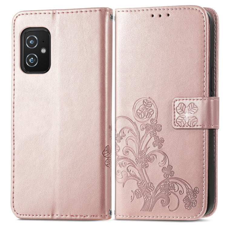 For Asus Zenfone 8 ZS590KS Four-leaf Clasp Embossed Buckle Mobile Phone Protection Leather Case with Lanyard & Card Slot & Wallet & Bracket Function