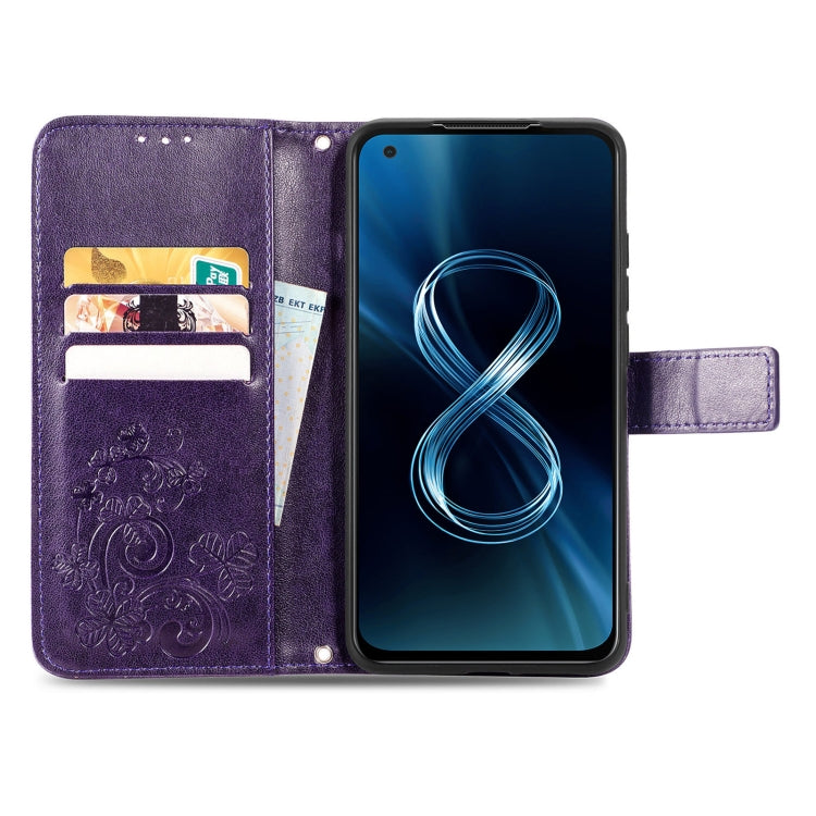 For Asus Zenfone 8 ZS590KS Four-leaf Clasp Embossed Buckle Mobile Phone Protection Leather Case with Lanyard & Card Slot & Wallet & Bracket Function