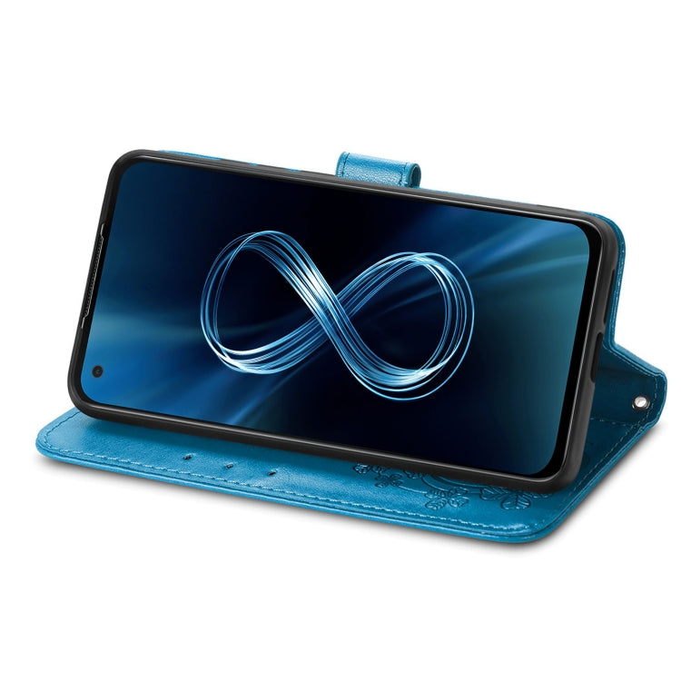 For Asus Zenfone 8 ZS590KS Four-leaf Clasp Embossed Buckle Mobile Phone Protection Leather Case with Lanyard & Card Slot & Wallet & Bracket Function