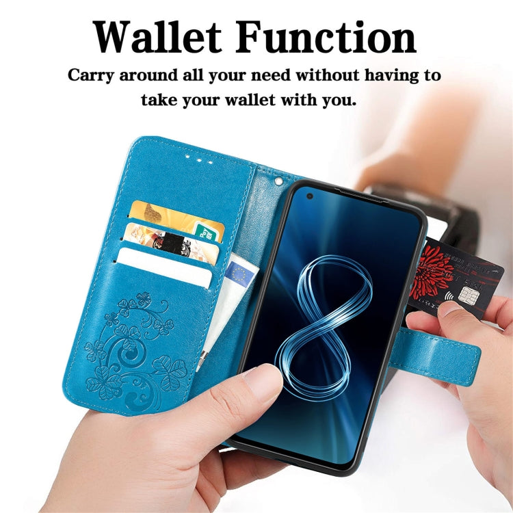 For Asus Zenfone 8 ZS590KS Four-leaf Clasp Embossed Buckle Mobile Phone Protection Leather Case with Lanyard & Card Slot & Wallet & Bracket Function