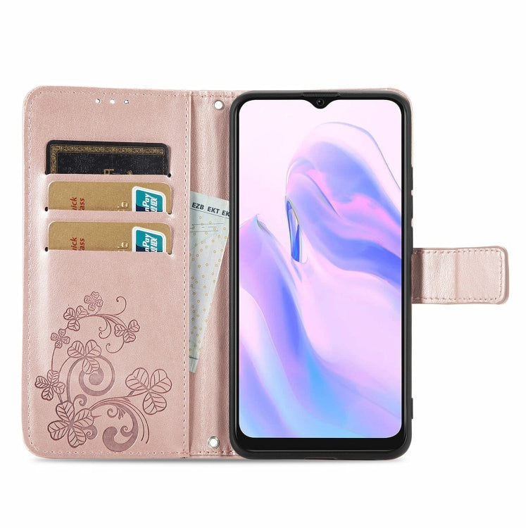 For Blackview A70 Four-leaf Clasp Embossed Buckle Mobile Phone Protection Leather Case with Lanyard & Card Slot & Wallet & Bracket Function
