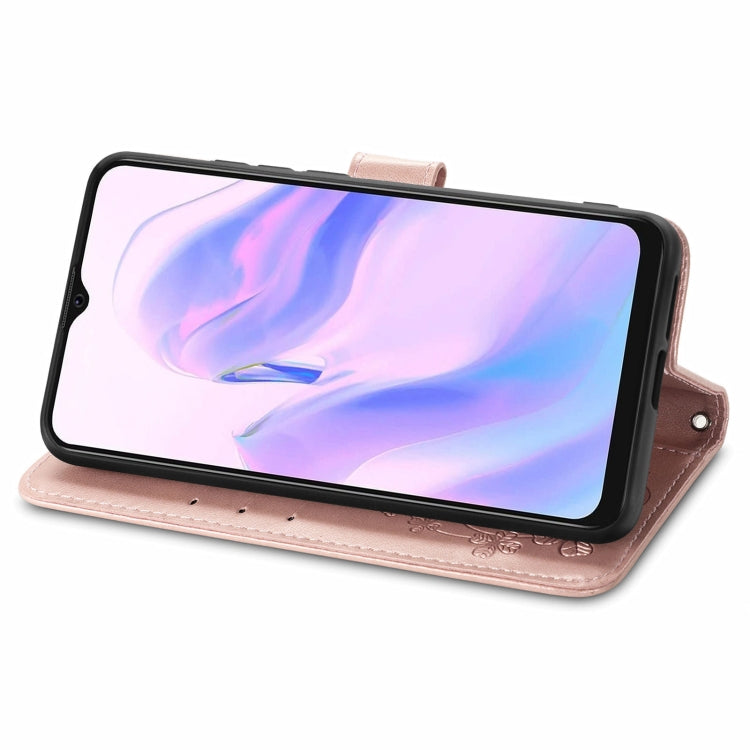 For Blackview A70 Four-leaf Clasp Embossed Buckle Mobile Phone Protection Leather Case with Lanyard & Card Slot & Wallet & Bracket Function