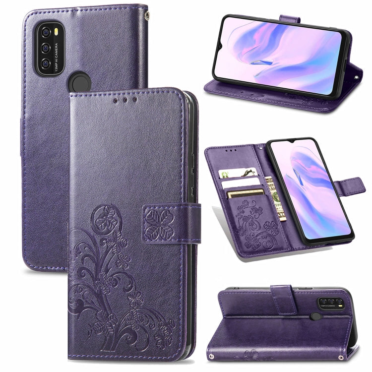 For Blackview A70 Four-leaf Clasp Embossed Buckle Mobile Phone Protection Leather Case with Lanyard & Card Slot & Wallet & Bracket Function