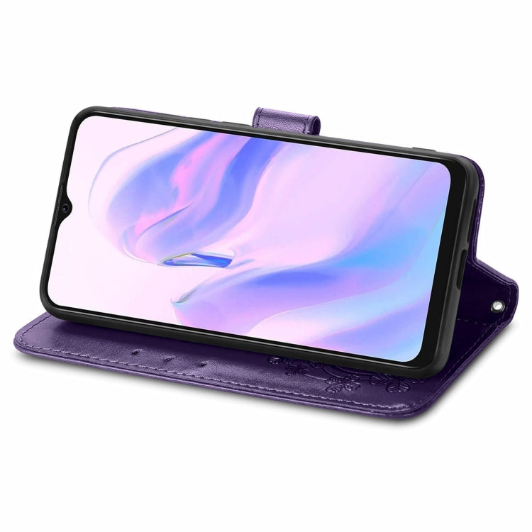 For Blackview A70 Four-leaf Clasp Embossed Buckle Mobile Phone Protection Leather Case with Lanyard & Card Slot & Wallet & Bracket Function