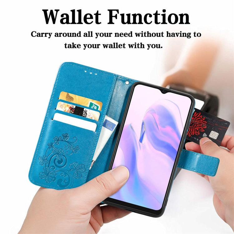 For Blackview A70 Four-leaf Clasp Embossed Buckle Mobile Phone Protection Leather Case with Lanyard & Card Slot & Wallet & Bracket Function