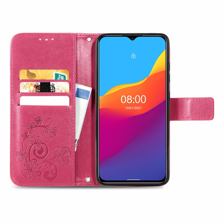 For Ulefone Note 10 Four-leaf Clasp Embossed Buckle Mobile Phone Protection Leather Case with Lanyard & Card Slot & Wallet & Bracket Function