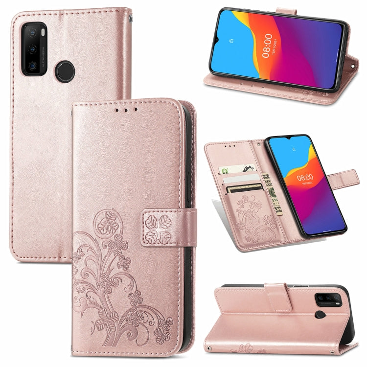 For Ulefone Note 10 Four-leaf Clasp Embossed Buckle Mobile Phone Protection Leather Case with Lanyard & Card Slot & Wallet & Bracket Function