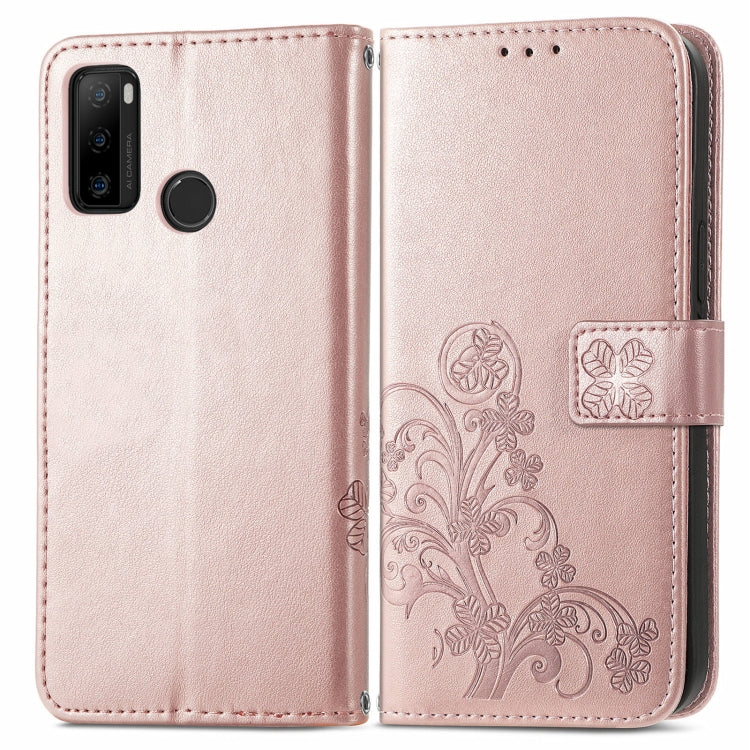 For Ulefone Note 10 Four-leaf Clasp Embossed Buckle Mobile Phone Protection Leather Case with Lanyard & Card Slot & Wallet & Bracket Function