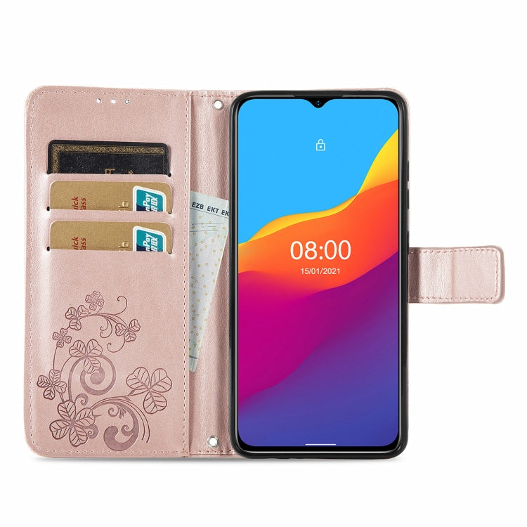 For Ulefone Note 10 Four-leaf Clasp Embossed Buckle Mobile Phone Protection Leather Case with Lanyard & Card Slot & Wallet & Bracket Function