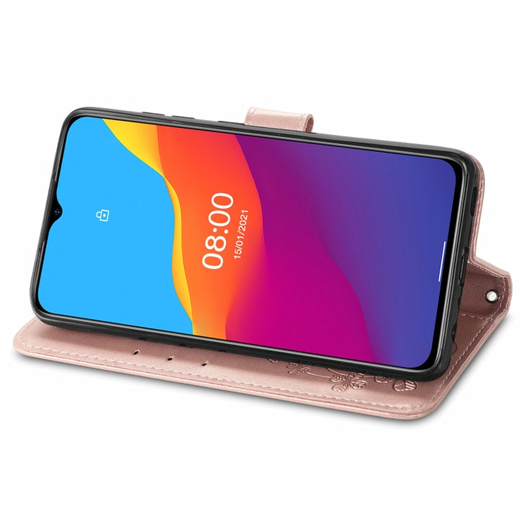 For Ulefone Note 10 Four-leaf Clasp Embossed Buckle Mobile Phone Protection Leather Case with Lanyard & Card Slot & Wallet & Bracket Function