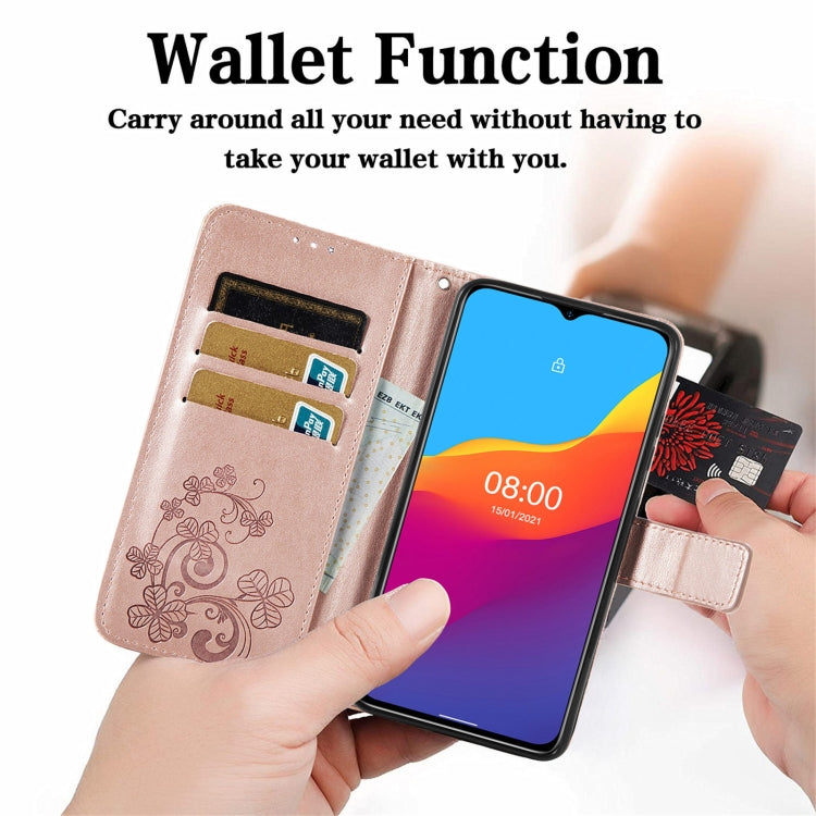 For Ulefone Note 10 Four-leaf Clasp Embossed Buckle Mobile Phone Protection Leather Case with Lanyard & Card Slot & Wallet & Bracket Function