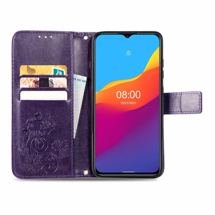 For Ulefone Note 10 Four-leaf Clasp Embossed Buckle Mobile Phone Protection Leather Case with Lanyard & Card Slot & Wallet & Bracket Function