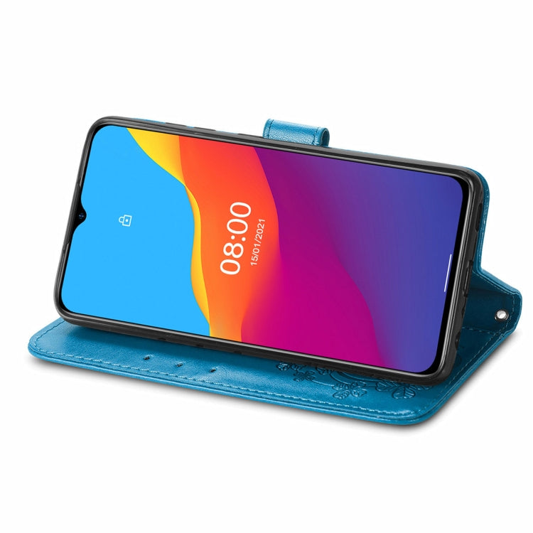 For Ulefone Note 10 Four-leaf Clasp Embossed Buckle Mobile Phone Protection Leather Case with Lanyard & Card Slot & Wallet & Bracket Function