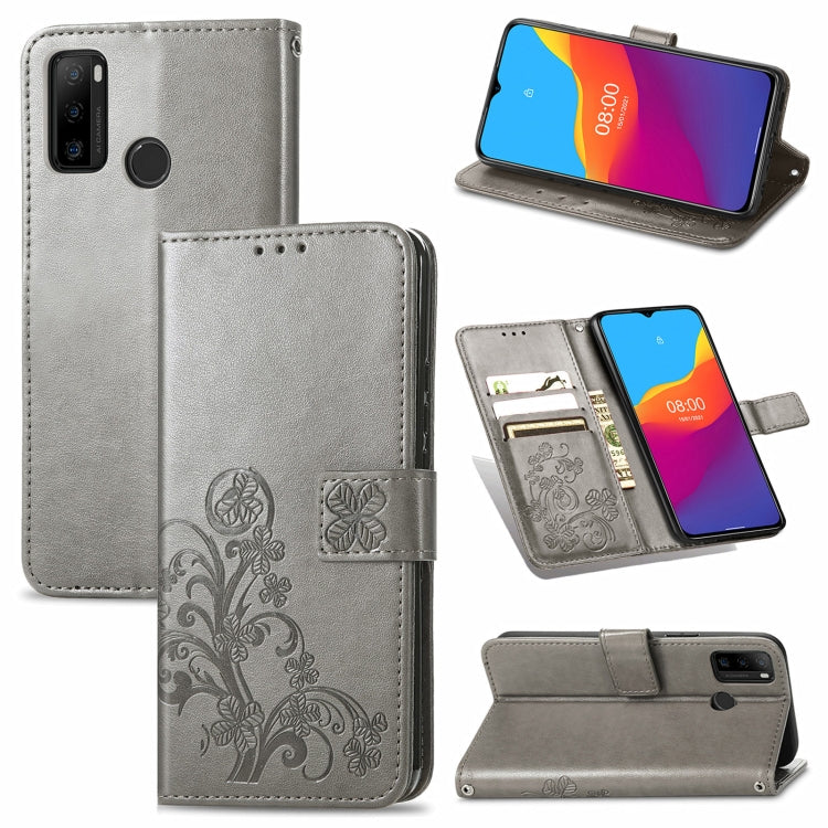 For Ulefone Note 10 Four-leaf Clasp Embossed Buckle Mobile Phone Protection Leather Case with Lanyard & Card Slot & Wallet & Bracket Function