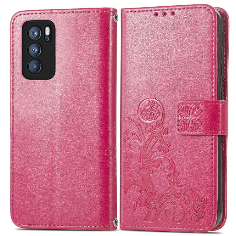 For OPPO Reno6 Pro Four-leaf Clasp Embossed Buckle Mobile Phone Protection Leather Case with Lanyard & Card Slot & Wallet & Bracket Function