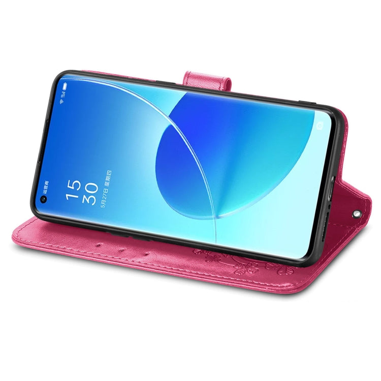 For OPPO Reno6 Pro Four-leaf Clasp Embossed Buckle Mobile Phone Protection Leather Case with Lanyard & Card Slot & Wallet & Bracket Function