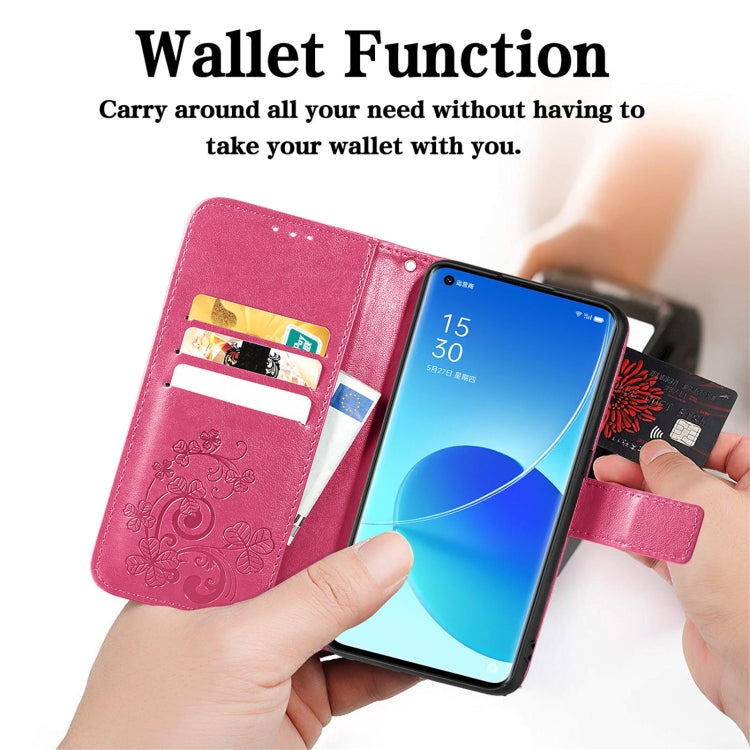 For OPPO Reno6 Pro Four-leaf Clasp Embossed Buckle Mobile Phone Protection Leather Case with Lanyard & Card Slot & Wallet & Bracket Function