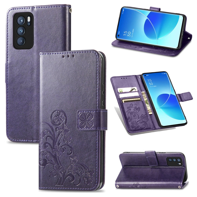 For OPPO Reno6 Pro Four-leaf Clasp Embossed Buckle Mobile Phone Protection Leather Case with Lanyard & Card Slot & Wallet & Bracket Function