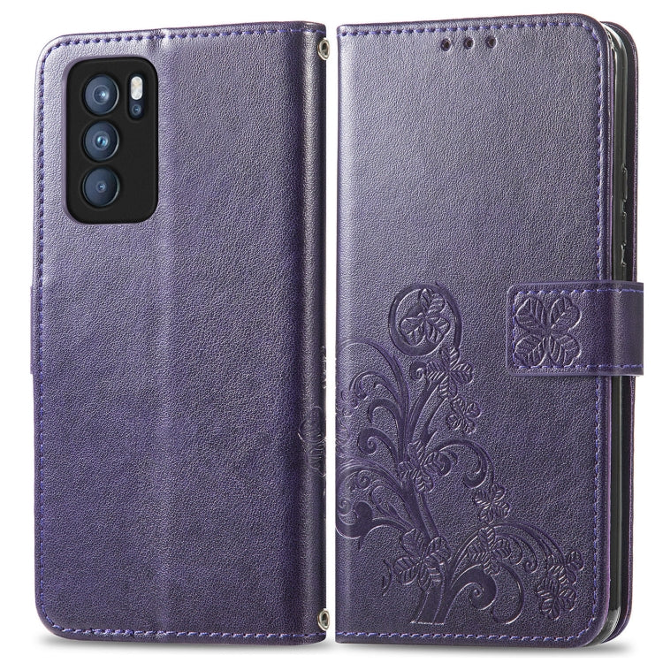 For OPPO Reno6 Pro Four-leaf Clasp Embossed Buckle Mobile Phone Protection Leather Case with Lanyard & Card Slot & Wallet & Bracket Function