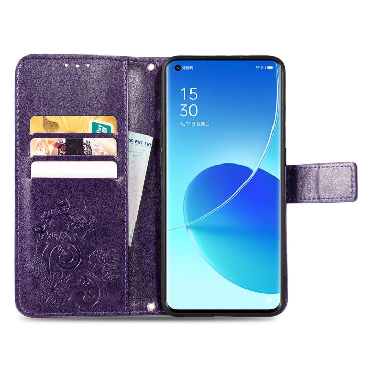 For OPPO Reno6 Pro Four-leaf Clasp Embossed Buckle Mobile Phone Protection Leather Case with Lanyard & Card Slot & Wallet & Bracket Function