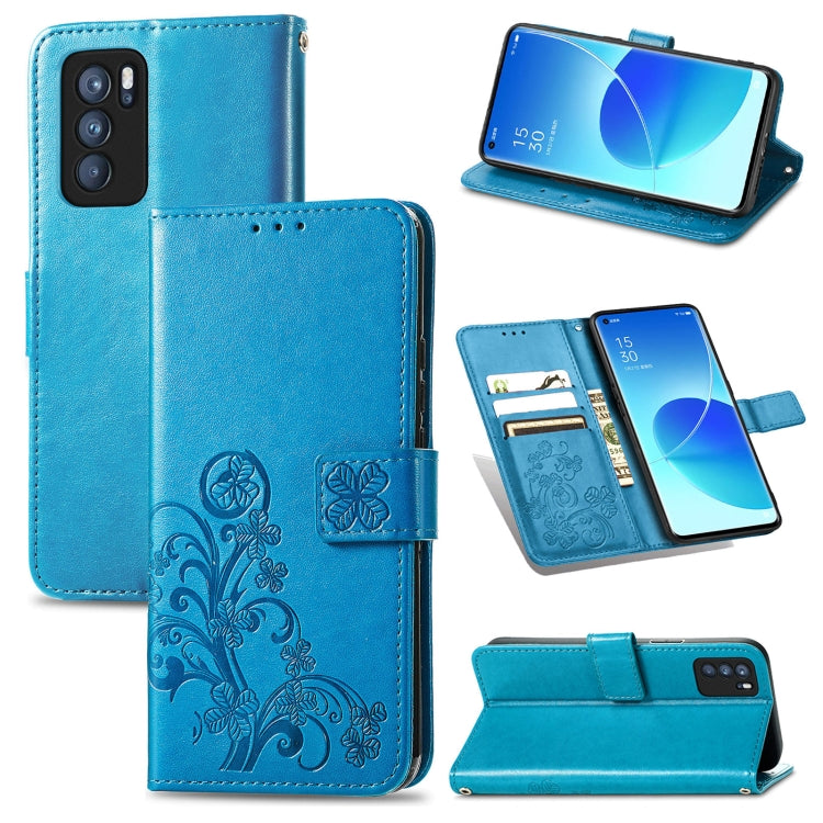 For OPPO Reno6 Pro Four-leaf Clasp Embossed Buckle Mobile Phone Protection Leather Case with Lanyard & Card Slot & Wallet & Bracket Function