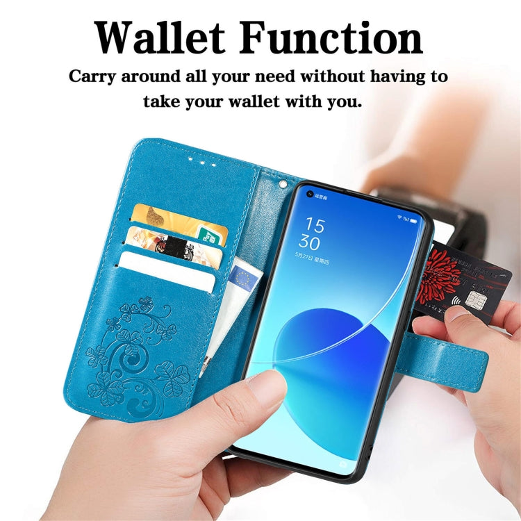 For OPPO Reno6 Pro Four-leaf Clasp Embossed Buckle Mobile Phone Protection Leather Case with Lanyard & Card Slot & Wallet & Bracket Function