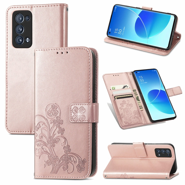 For OPPO Reno6 Pro+ Four-leaf Clasp Embossed Buckle Mobile Phone Protection Leather Case with Lanyard & Card Slot & Wallet & Bracket Function